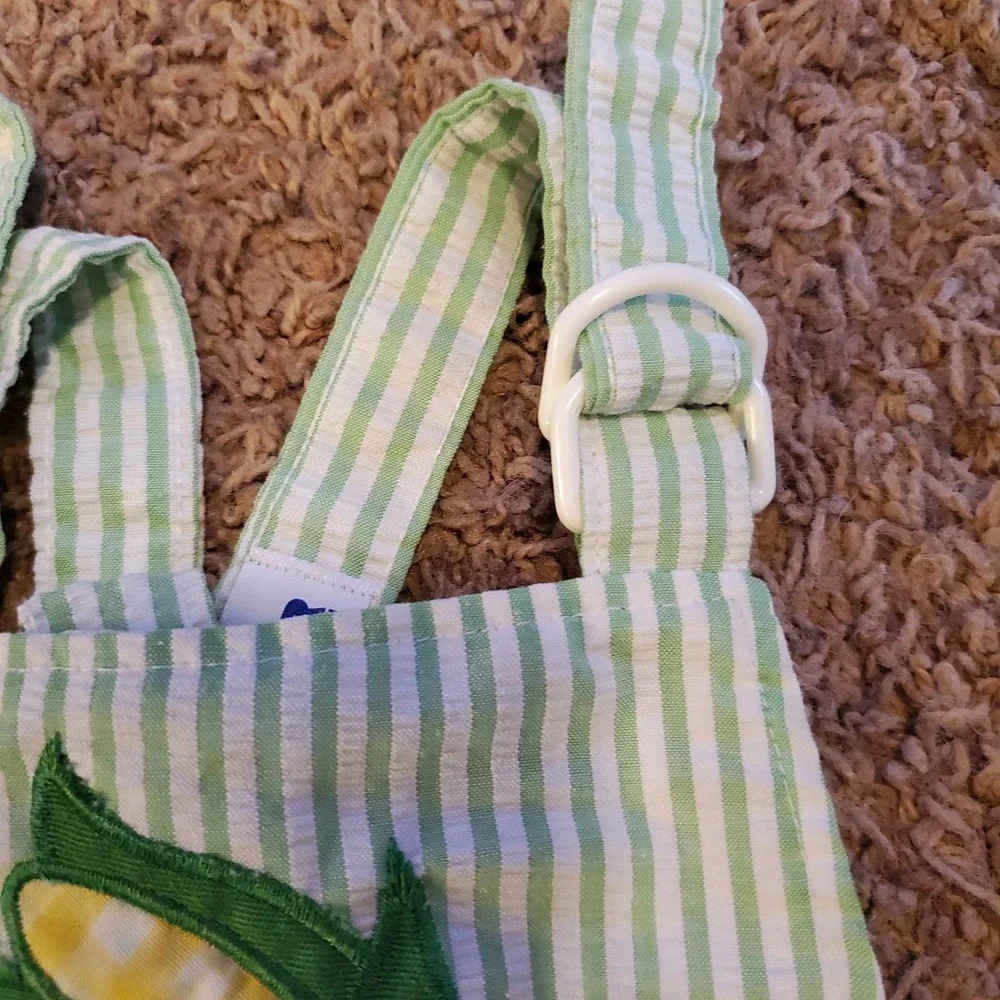 Vintage Overall Romper Chandler 18mo  Green Seersucker Stripe Farm Corn Made Usa
